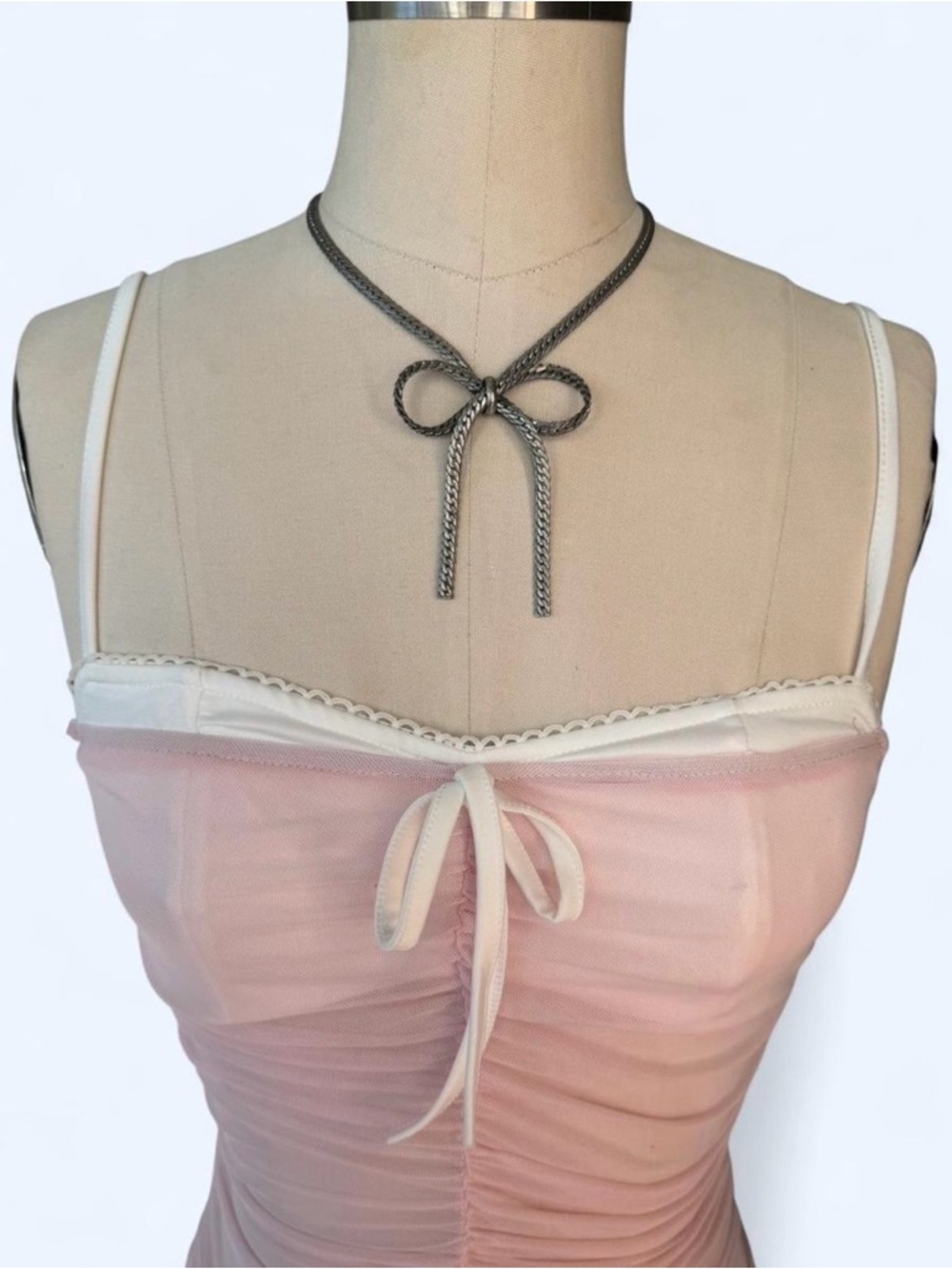 Sheer Ruched Pink Mesh Cami Tank with Tie - Picture 2 of 3